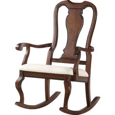 a wooden rocking chair with a cushion on the seat and armrests that are turned down