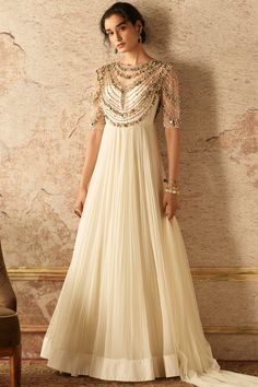 Featuring an ivory jewelled anarkali in chiffon base. It is paired with a matching net ruffled dupatta.  FIT: Fitted at bust. COMPOSITION: Net, Chiffon. CARE: Dry clean only. Floor Length Anarkali, Net Dupatta, Indian Design, Designer Wear, Indian Wear, Anarkali