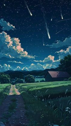 an anime scene with the sky and stars in the background