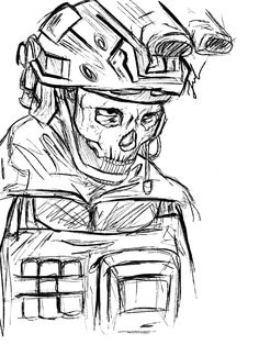 a black and white drawing of a person wearing a helmet