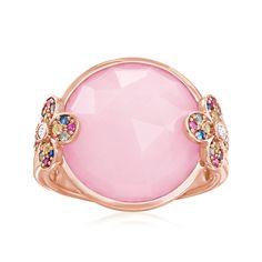 Ross-Simons - Pink Opal, .24ct t. w. Multicolored Sapphire Floral Ring, White Zircon Accents Over Sterling. Size 10. Feminine and fabulous, this ring showcases a 15mm round pink opal sided by floral designs of .24 ct. t. w. blue, green, pink and yellow sapphires joined by white zircon accents. Set in polished 18kt rose gold over sterling silver. 5/8" wide. Multicolored sapphire and pink opal floral ring. Opal birthstones are the perfect gift for October birthdays. October Birthdays, Pink Opal Ring, Blue Opal Ring, Opal Birthstone, Floral Pendant Necklace, Sunflower Necklace, Ring Opal, Fine Jewelery, Floral Ring