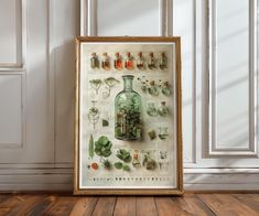 a framed poster with plants and bottles on it