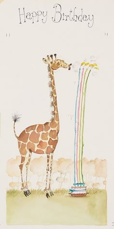 a happy birthday card with a giraffe standing next to a tall tube of colored streamers