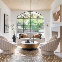 a living room filled with lots of furniture and a fire place in front of a large window