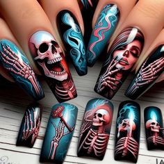 Bring your nails to life with our spectacular skeleton designs! 💀🖤✨ From detailed skulls to elegant bone patterns, we have everything you need for a spooky and chic look. Dare to stand out and show your boldest side. Don't forget to follow us and share your designs by tagging us to be part of our community. Your nails have never looked so fabulously terrifying! 🎃💅 #skeletonnails #nailart #naildesigns #halloweennails #spookynails #nailInspo #rainbows #skulls #naildesign #artificialintelligence... Halloween Gel Nails, Gel Nails Designs, Halloween Manicure, Skull Nails, Nail Store, Halloween Press On Nails, Pointed Nails, Coffin Press On Nails