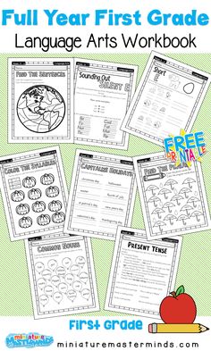 the full year first grade language arts workbook with an apple on top and other worksheets