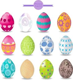 an assortment of colorful easter eggs on a white background