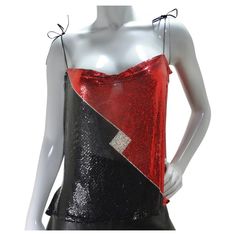 Flirty and festive vintage chainmail tank top in the most eye catching red, black and silver print. Featuring leather chord straps that tie which allow for versatility as you can adjust them to your desired fit. The center has a silver diamond shape breaking apart the red and black which is soo fun and reminiscent of the 1920s. The stand out element of this top is definitely the chainmail fabric, it's so heavy and luxurious and the way it drapes on the body is so flattering and slinky. This is g Chainmail Fabric, Manolo Heels, Prada Jeans, Versace Skirt, Silver Print, Going Out Tops, Chain Mail, Look Plus, Black And Silver