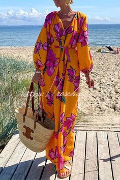 Gramercy Garden Floral Print Pocket Belted Long Sleeve Maxi Dress Beach Wrap Dress, Dress For Beach, Summer Floral Dress, Holiday Maxi Dress, Beach Holiday Dresses, Long Dresses Elegant, Casual Chique, Fit Summer, Loose Maxi Dress