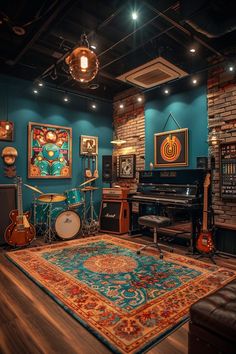 a room filled with musical instruments and art on the walls, along with a rug