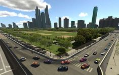 an artist's rendering of a highway with cars driving on it and the city skyline in the background