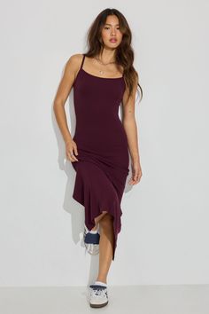 Simple and C-U-T-E! Features - Fixed shoulder straps - Slit at back hem - Ribbed trim detail - Low back - Stretchy Size & Fit - Fit: Fitted - Length: Midi - Model is wearing size S Materials & Care - Content: 94% modal, 6% spandex - Care: Machine wash, cold - Imported Burgundy Midi Dress, Dress Size Chart, Trim Detail, Low Back, Shoulder Straps, Jumpsuit Dress, New Dress, Dress Outfits, Jumpsuit