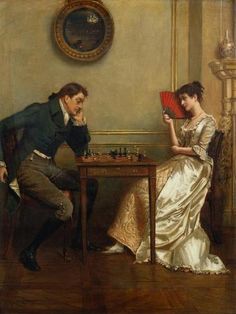 a painting of a man and woman playing chess