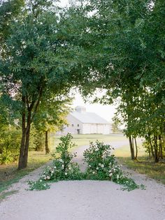 an open area with trees and flowers on the ground in front of a white house