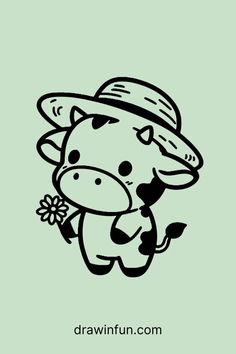 a drawing of a cow wearing a hat and holding a flower