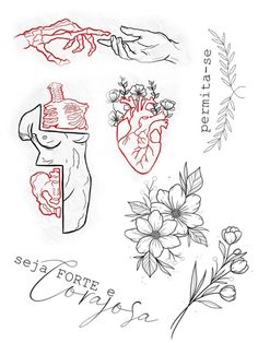 some tattoos with flowers and hearts on them, one has a hand holding a heart