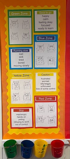 a bulletin board with four buckets on it and instructions for the colors in each