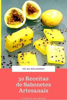 some pieces of fruit sitting on top of a blue surface with the words 50 receitas de sabonetes artesanais