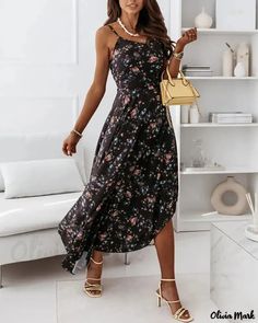 Olivia Mark - Floral print dress with belt and curved hem with spaghetti straps Summer Spaghetti, Maxi Dress Black, Dress Stores Online, Dress With Belt, Mesh Long Sleeve, Vacation Dresses, Slim Dresses, Maxi Dresses Casual, Dress Maxi