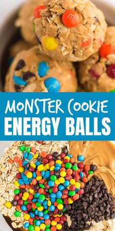 monster cookie energy balls in a bowl with chocolate and candy