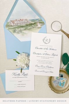 White and blue wedding invitation cards with a custom crest Watercolor Crest, Nantucket Wedding, Ceremony Invitation, East Coast Wedding, Seaside Wedding, Envelope Liner, Coastal Wedding, September Wedding, Wedding Suite