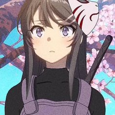 an anime character with long hair and blue eyes, wearing a black outfit in front of cherry blossom trees