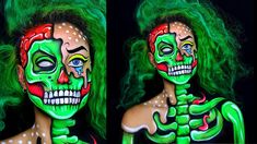 Color Skeleton Makeup, Rainbow Skeleton Makeup, Pop Art Halloween Makeup, Pop Art Zombie Makeup Men, Skeleton Makeup Tutorial, Neon Skeleton Face Paint, Pop Art Skeleton Makeup, Pop Art Face, Cool Face Paint