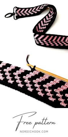 a pink and black crochet design on a white background with the words free pattern next to it