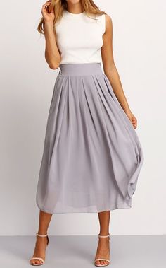 Chiffon Maxi Skirt, Midi Skirt Outfit, Grey Skirt, Maxi Skirt Outfits, Rock Outfit, Skirt Maxi, Mode Casual, Chiffon Maxi, Midi Skirts