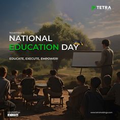 a group of people sitting around a table in front of a whiteboard with the words national education day written on it