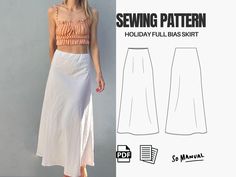 a woman wearing a white skirt and cropped top with the words sewing pattern on it