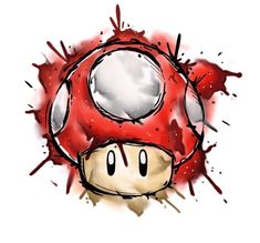 a drawing of a mushroom with paint splatters on it's face and eyes