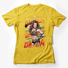 Bianca Belair WWE Superstar Graphic T-Shirt, Wrestling Fan Apparel, Full Color Print Tee Female T-Shirt Custom graphic T-Shirt.Customize your color Short Sleeve T-shirt With Character Print For Sports Events, Fan Apparel Tops With Character Print For Sports Events, Cheerleading Fan Apparel Tops With Sublimation Print, Crew Neck Tops With Character Print For Sports Events, Sporty Tops With Character Print For Sports Events, Sports Fan Apparel Tops With Character Print, Cheerleading Graphic Print Fan Apparel Tops, Yellow Tops With Screen Print For Sports, Yellow Graphic Print Tops For Sports Events