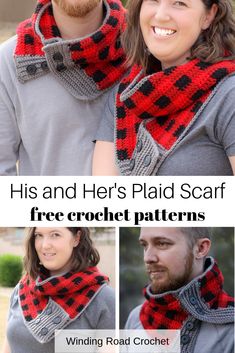 a man and woman wearing plaid scarves with text overlay that reads, his and her plaid scarf free crochet patterns