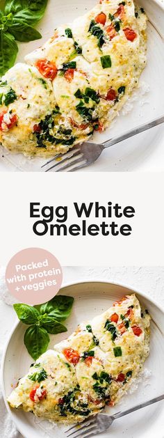 an egg white omelette on a plate with spinach leaves and a fork