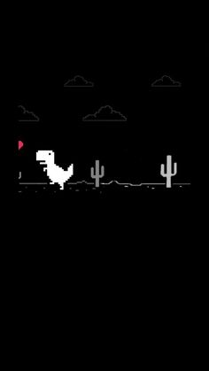 an image of a dinosaur running in the dark with cacti and clouds behind it