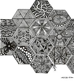 a black and white drawing of hexagons with different designs on them, all over the place