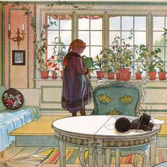 an illustration of a woman looking out the window at her cat sitting on a table