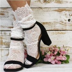 Allover  white lace sock for women, trendy scallop top sock for heels. This Fall lets reinvent classic elegance with our white allover lace Socks. Pair these up with your favourite set of heels.   This is the lace sock style that you absolutely need this season to up your glam game.  white lace one size we suggest for smaller feet and legs women's size 5-8 100% nylon lace socks * C Cole Atelier - women's socks Quality lace socks for women  Ladies have been calling our lace socks their signature look for many years Cheap Lace Party Bottoms, Knee Length Lace Socks, Lace Socks Nordstrom, Lace Socks With Heels, Socks With Heels, Lace Sock, Lace Ankle Socks, Frilly Socks, Trending Heels