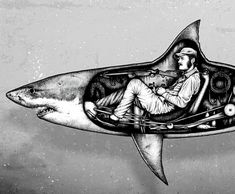 a drawing of a man riding on top of a shark