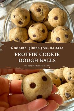 chocolate chip cookie dough balls in a glass bowl with text overlay reading 3 minute gluten free, no bake protein cookie dough balls