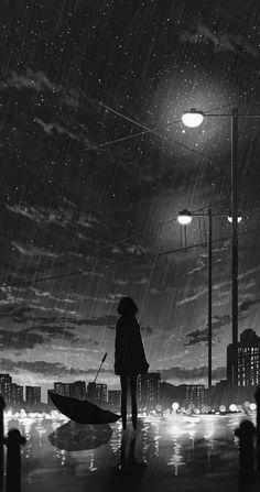 a person standing in the rain holding an umbrella and looking at the night sky with stars