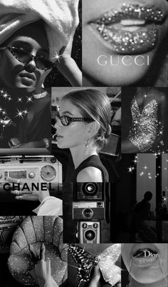 black and white collage with images of women's face, hair, sunglasses and accessories