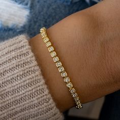 "Super chic, hand-made tennis bracelet, that is beautiful and elegant. Adds a nice touch of sparkle. Looks super high-end! Handmade 🤍 - - D E T A I L S - -  ▪︎ Made of 925 Sterling Silver ▪︎ We use a Thick plating of 14k Gold or Rhodium ▪︎ Available in Sizes: 6.25\" or 6.75\" ▪︎ 3mm Thickness ▪︎ Latch Closure ▪︎ Nickel-free, lead free and hypoallergenic ▪︎ Highest Grade CZ for an authentic diamond look! 🎁 Comes in a gift-box, ready for gift giving!  ✈️ Ships same day for fast delivery!  ♡ Made with 100% Pure Love!  🥰 Happy to answer any questions you may have!  🤗 Let's Connect!  IG: samijewels_" Adjustable Stackable Cubic Zirconia Diamond Bracelet, Adjustable Diamond Beaded Bracelets As Gift, Adjustable Stackable Tennis Bracelet Bangle, Elegant Stackable Adjustable Tennis Bracelet, Elegant Adjustable Stackable Tennis Bracelet, Cubic Zirconia Tennis Bracelet With Jubilee Design, Cubic Zirconia Jubilee Tennis Bracelet Gift, Stackable Tennis Bracelet Bangle As Gift, Stackable Tennis Bracelet As Gift