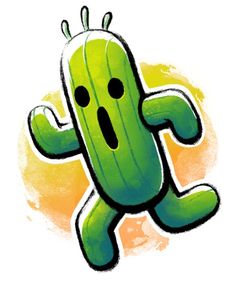 an image of a green cartoon character with arms and legs stretched out in the air