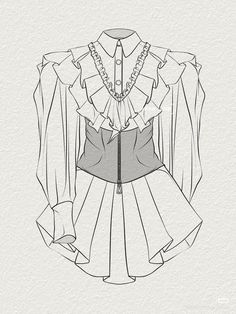 a drawing of a dress with long sleeves and collared neckline, on a white background