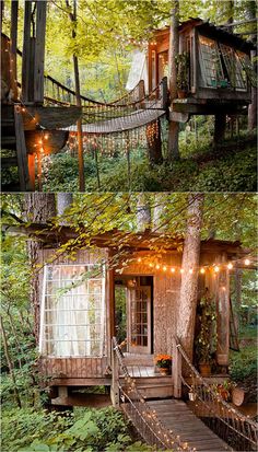 two pictures of a tree house in the woods with lights hanging from it's roof