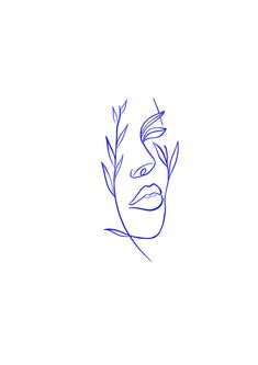 a blue line drawing of a woman's face with leaves on her forehead and nose