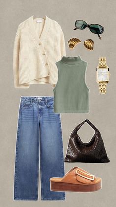 a woman's clothing and accessories including shoes, sweaters, sunglasses, purse