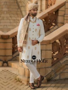 Deepak perwani royal look off white sherwani design in raw silk. Men engagement dresses collection at Toledo Ohio sherwani store near me MS201473 Open Sherwani, Nikah Dresses, Sherwani Design, Marriage Dresses